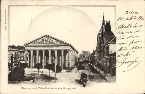 Ak Aachen in Nordrhein Westfalen, Theater und Telephonthurm der Hauptpost, Pferdestraßenbahn