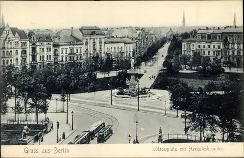 Ak Berlin Tiergarten, Lützowplatz mit Herkulesbrunnen, Häuser, Straßenbahn