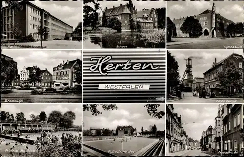 Ak Herten im Ruhrgebiet Westfalen, Rathaus, Schloss, Gymnasium, Bramhügel, Freibad, Rollschuhbahn