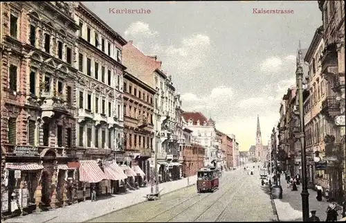 Ak Karlsruhe in Baden, Kaiserstraße, Straßenbahn