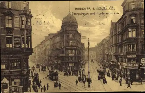 Ak Hannover in Niedersachsen, Georgstraße und Nordmannstraße, Straßenbahn, Passanten