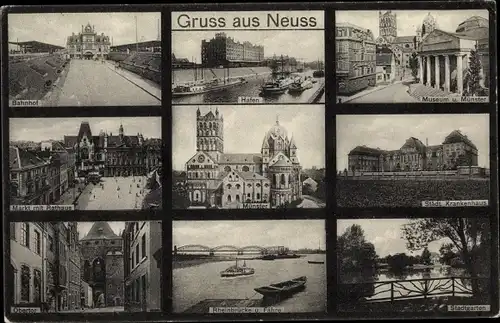 Ak Neuss am Rhein, Hafen, Bahnhof, Museum, Städt. Krankenhaus, Markt mit Rathaus