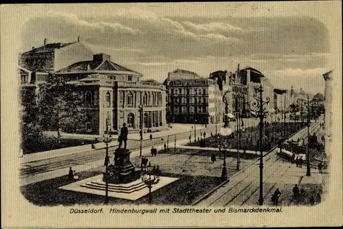 Ak Düsseldorf am Rhein, Hindenburgwall mit Stadttheater und Bismarckdenkmal, Straßenbahn