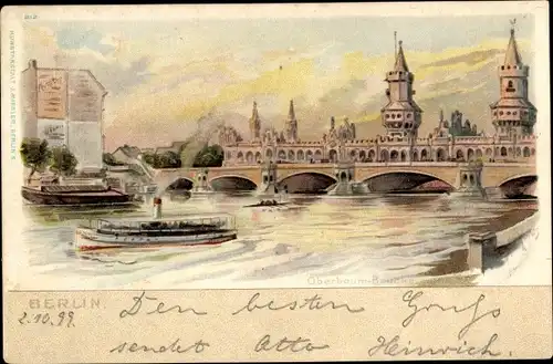 Künstler Litho Berlin Kreuzberg, Oberbaumbrücke, Dampfer