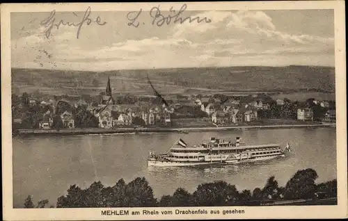 Ak Mehlem Bad Godesberg Bonn am Rhein, Vom Drachenfels aus gesehen, Dampfer