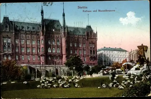 Ak Szczecin Stettin Pommern, Rathaus mit Manzelbrunnen