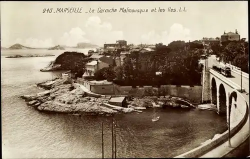Ak Marseille Bouches du Rhône, La Corniche Malmousque et les Iles