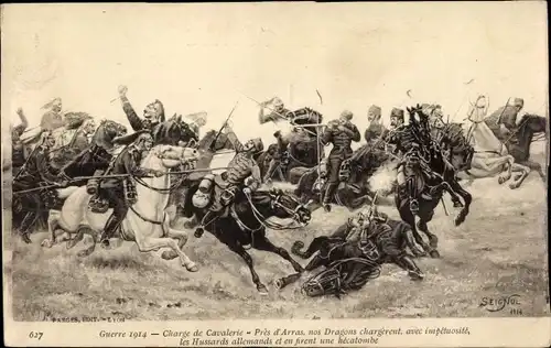 Künstler Ak Charge de Cavalerie, pres d'Arras, Dragons chargerent les Hussards allemands, I WK