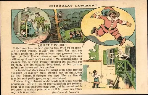 Ak Chocolat Lombart, Le Petit Poucet, Reklame, Märchen, Charles Perrault