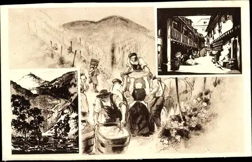 Ak Strasbourg Straßburg Elsass Bas Rhin, Bauern bei der Weinlese, Ortsansicht, Vins d'Alsace