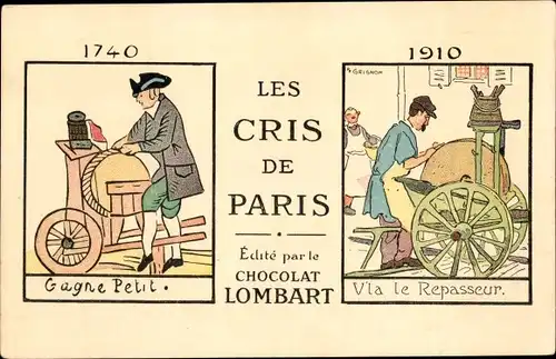 Künstler Ak Grignon, Reklame, Chocolat Lombart, Les Cris de Paris, Schleifer, Schleifstein