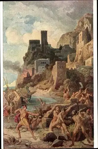 Künstler Ak Preller, Fr., Odyssee Landschaften I b, Kampf mit den Kikonen, Odysseus