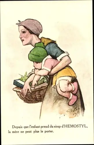Künstler Ak Reklame, Sirop Hemostyl, L'enfant, Mutter mit Kind, Einkaufskorb