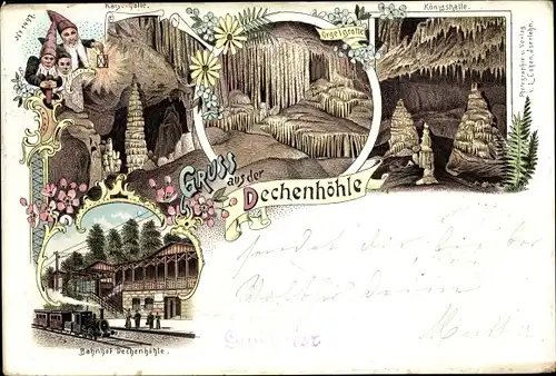 Litho Grüne Iserlohn im Märkischen Kreis, Dechenhöhle, Königshalle, Zwerge, Orgelgrotte, Bahnhof