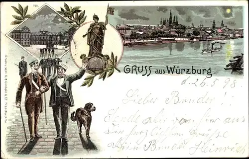 Mondschein Litho Würzburg am Main Unterfranken, Schloss, Stadt, Männer mit Hund, Statue