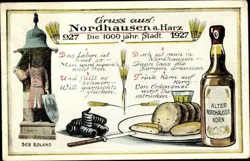 Ak Nordhausen in Thüringen, Roland, Alter Nordhäuser Korn, 1000jh Stadt 1927, Stadtfest