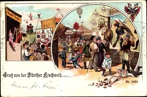 Litho Jahrmarkt, Volksfest, gestürzter Bäcker, Riesendame, Festumzug