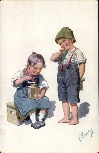 Künstler Ak Feiertag, Karl, Liebeserklärung, Mädchen mit Kaffeemühle