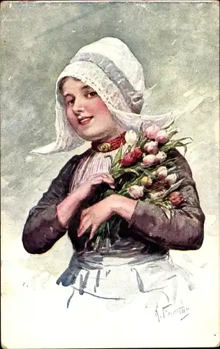 Künstler Ak Feiertag, Karl, Mädchen in niederländischer Tracht, Tulpen