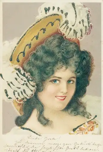 Glitzer Litho Frauenportrait, Dame mit Hut