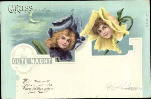 Litho Gute Nacht, Frauenportraits in Blüten, Kitsch, vermenschlichte Stiefmütterchen