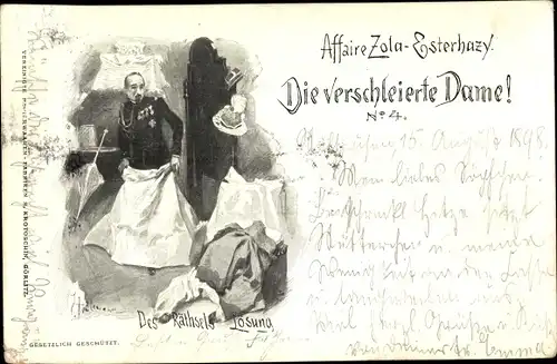 Künstler Ak Dreyfus Affäre, Zola Esterhazy, Die verschleierte Dame Nr. 4, Des Rätsels Lösung