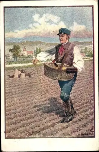 Künstler Ak Moser, KuK Soldat bei der Saat auf dem Feld