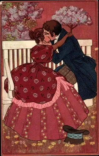 Litho Küssendes Liebespaar auf einer Bank