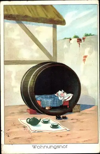 Ak Wohnungsnot, Bett im Weinfass