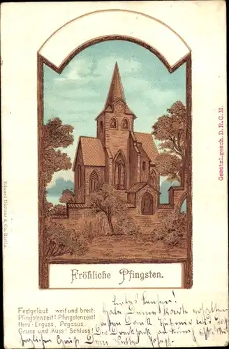 Litho Glückwunsch Pfingsten, Blick auf eine Kirche