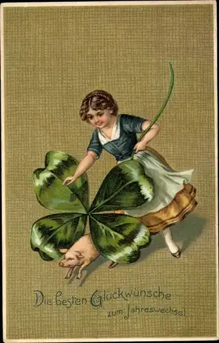 Präge Litho Glückwunsch Neujahr, Mädchen mit Kleeblatt, Schwein