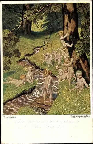 Künstler Ak Stassen, Franz, Bergwiesenzauber, Kinder am Waldbach