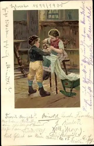 Litho Mädchen schneidet Puppe die Haare