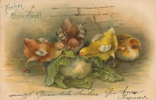 Glitzer Litho Glückwunsch Ostern, Küken fressen Salat
