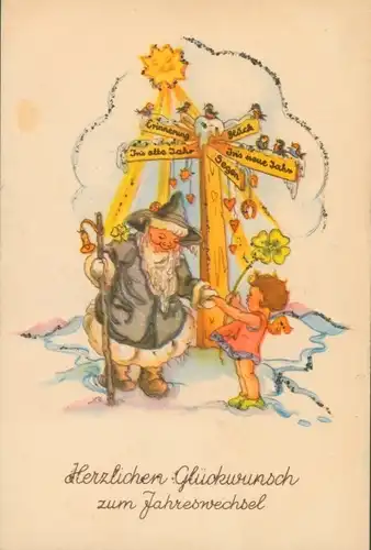 Glitzer Ak Glückwunsch Neujahr, Engel mit Kleeblatt, Wegweiser