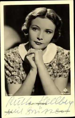 Ak Schauspielerin Ruth Hellberg, Portrait, Ross Verlag Nr. A 2747/1