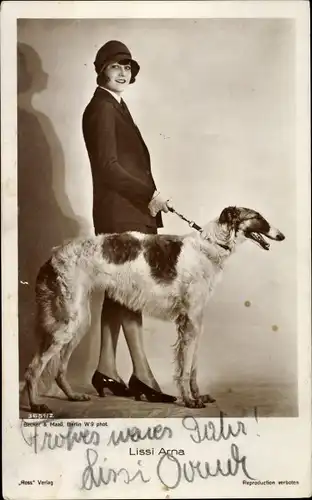 Ak Schauspielerin Lissy Arna, Portrait mit Hund, Autogramm