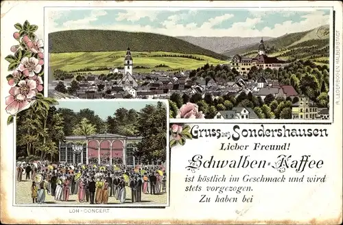 Litho Sondershausen im Kyffhäuserkreis Thüringen, Schwalben Kaffee, Reklame, Blick auf den Ort