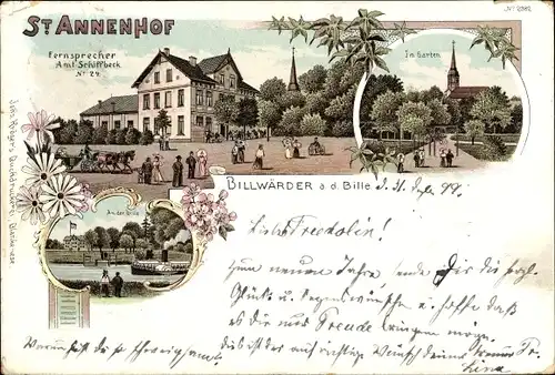 Litho Hamburg Bergedorf Billwerder, Gasthaus St. Annenhof, Gartenpartie