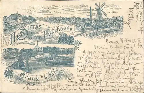 Litho Hamburg Harburg Cranz, Gasthaus zum alten Fährhaus, Windmühle