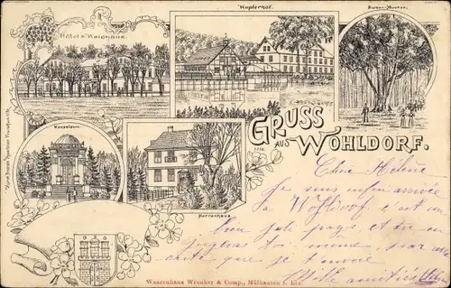 Litho Hamburg Wandsbek Wohldorf, Kupferhof, Hotel zum Waldhaus, Mausoleum, Herrenhaus