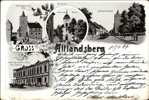 Litho Altlandsberg in der Mark, Berliner Straße, Kirche, Straussberger Tor, Hotel Deutsches Haus