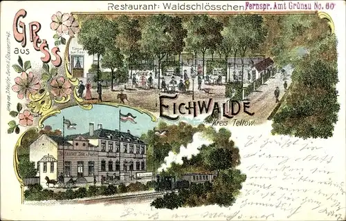 Litho Eichwalde in Brandenburg, Restaurant Waldschlösschen, Dampflok