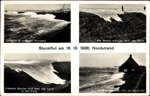 Ak Nordstrand in Nordfriesland, Sturmflut Oktober 1936, Deich, Nordhafen
