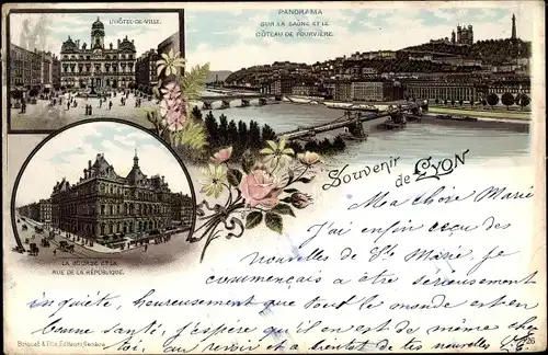 Ak Lyon Rhône, Panorama, l'Hotel de Ville, la Bourse, Rue de la Republique