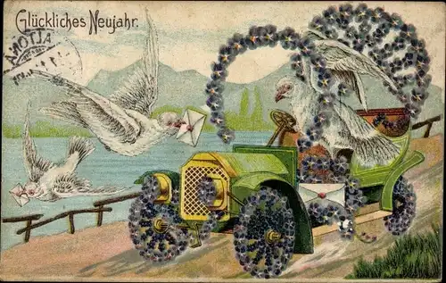 Präge Litho Glückwunsch Neujahr, Tauben, mit Blumen geschmücktes Automobil