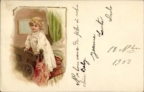 Litho Kleinkind im Nachthemd im Bett