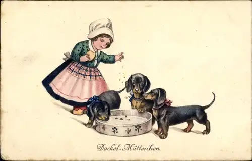 Ak Dackel Mütterchen, Mädchen füttert Hunde