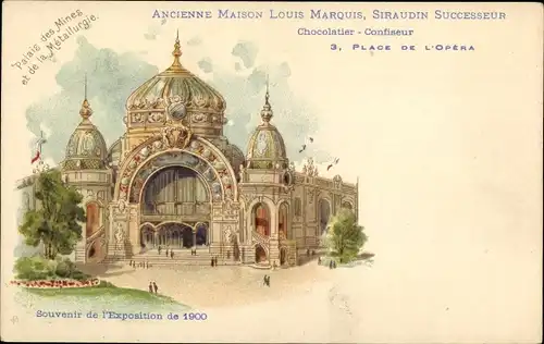 Litho Paris, Exposition de 1900, Palais des Mines, Chocolatier Louis Marquis, Reklame