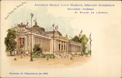 Litho Paris, Exposition de 1900, Palais des Beaux Arts, Chocolatier Louis Marquis, Reklame